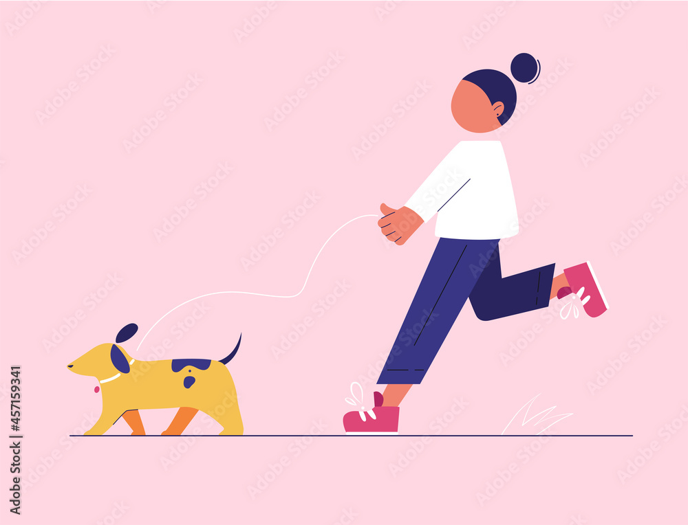 Girl walking with dog on leash. Simple flat illustration with geometric elements.