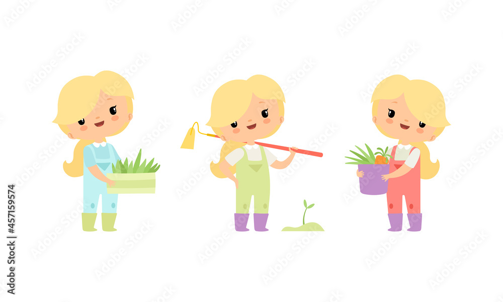 Little Blond Girl in Jumpsuit at Farm with Rake and Rootstock Vector Set Little Blond Girl in Jumpsuit at Farm with Rake and Rootstock Vector Set