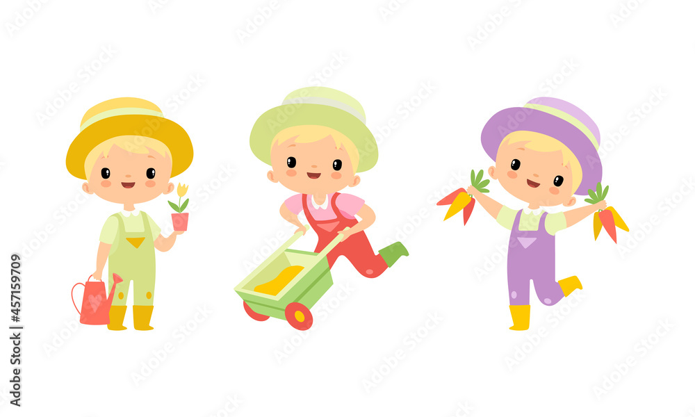 Little Blond Boy in Jumpsuit and Hat at Farm with Wheelbarrow and Watering Can Vector Set Little Blond Boy in Jumpsuit and Hat at Farm with Wheelbarrow and Watering Can Vector Set