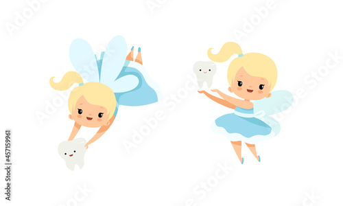 Cute Little Tooth Fairy with Blond Hair and Ponytail Flying with First Baby Tooth Vector Set