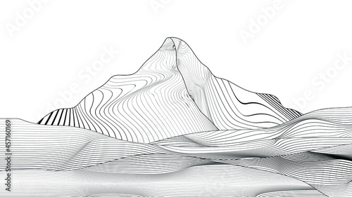 Poster with mountain landscape  in line art style  .Minimal design  . Trendy brochure . Vector illustration .