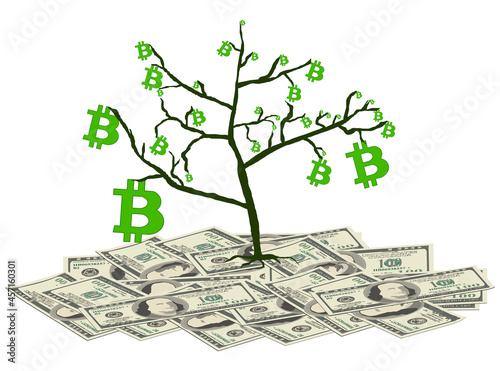 Tree with bitcoins stands on pile of paper dollars isolated on white. Concept of converting dollars into bitcoins. Vector illustration.