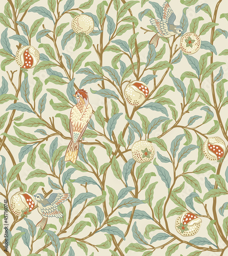 Vintage birds in foliage with birds and fruits seamless pattern on light beige background. Middle ages William Morris style. Vector illustration.