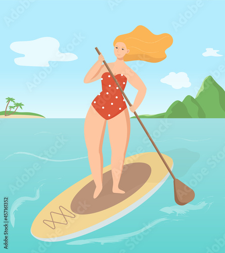 Young pretty woman surfing on a sup in the sea ocean in hot summer day