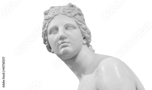 Gypsum copy of ancient statue Venus head isolated on white background. Plaster sculpture woman face