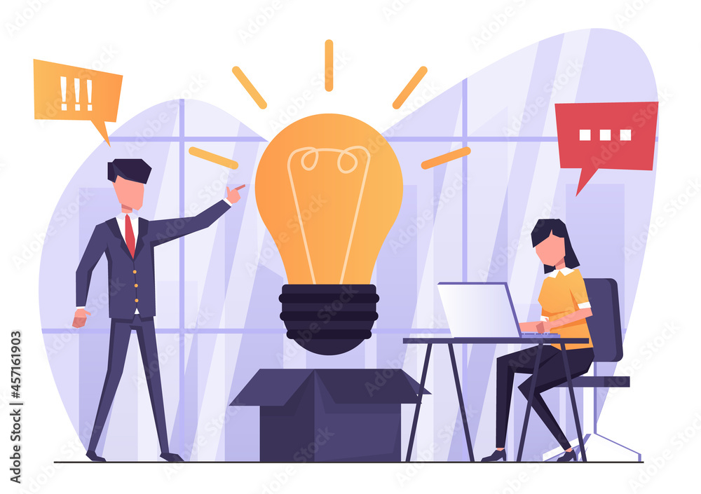 Business idea. A businessman talks about his new business idea, with a light bulb next to him. A woman works on a computer. Business idea. A businessman talks about his new business idea, with a light bulb next to him. A woman works on a computer.
