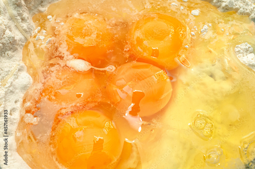 Close-up photography of flour and eggs