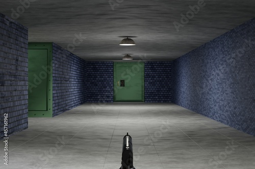 Obraz na plátně FPS first person shooting game with gun aiming to enemy underground prison scene