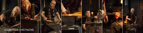 Obraz na płótnie Bearded man, blacksmith manually forging the molten metal on the anvil in smithy with spark fireworks