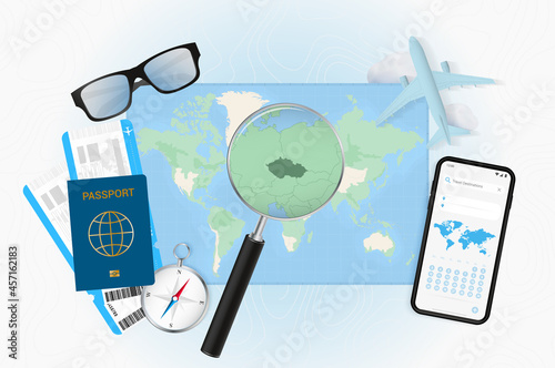 Conceptual illustration of a trip to Czech Republic with travel gear.