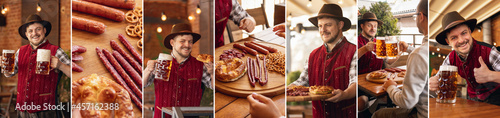 Collage of images of Caucasian bearded man, owner of restaurant in traditional Bavarian festive costume greeting customers, visitors at bar, cafe, pub. Oktoberfest
