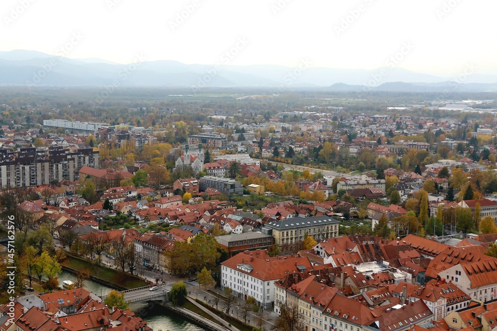 Aerial view of central Ljubljana, Slovenia during autumn.