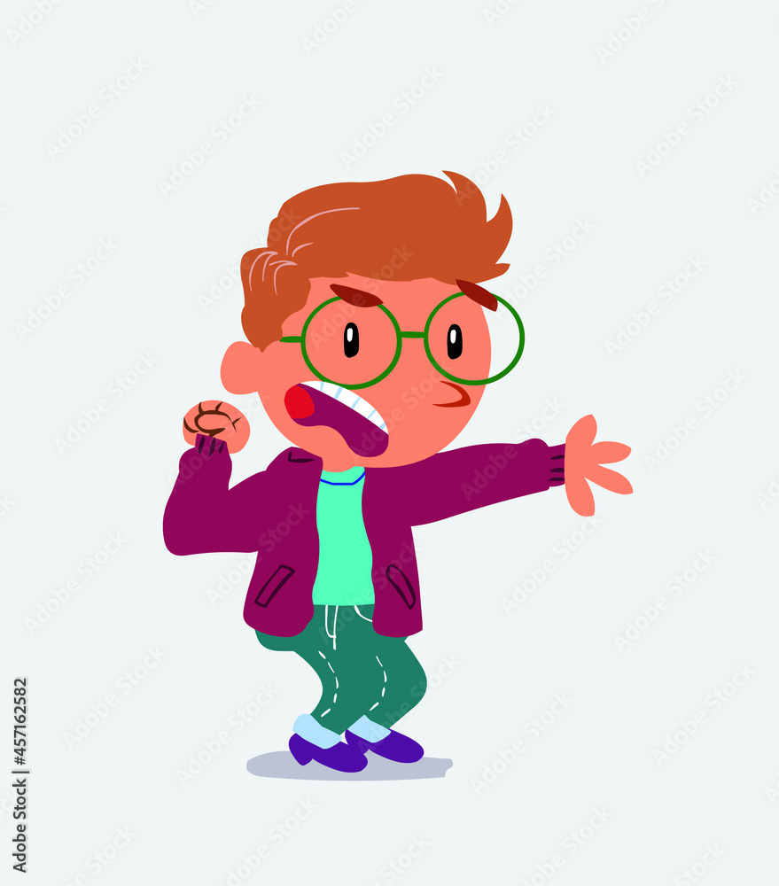 Very angry cartoon character of little boy on jeans pointing at something.