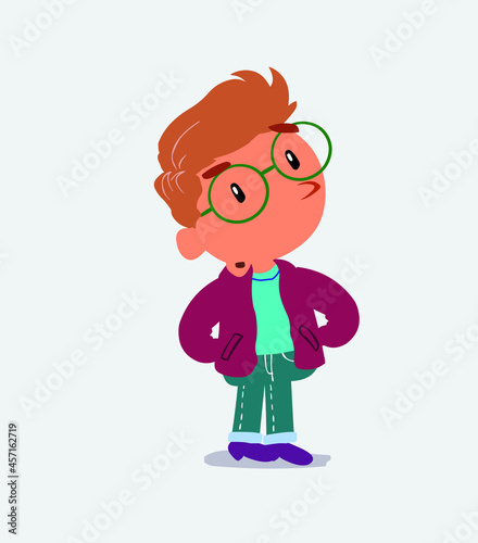 cartoon character of little boy on jeans doubting.