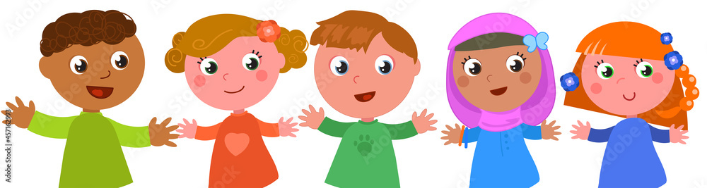 Group of happy multi ethnic boys and girls cartoon vector illustration, isolated on white Group of happy multi ethnic boys and girls cartoon vector illustration, isolated on white