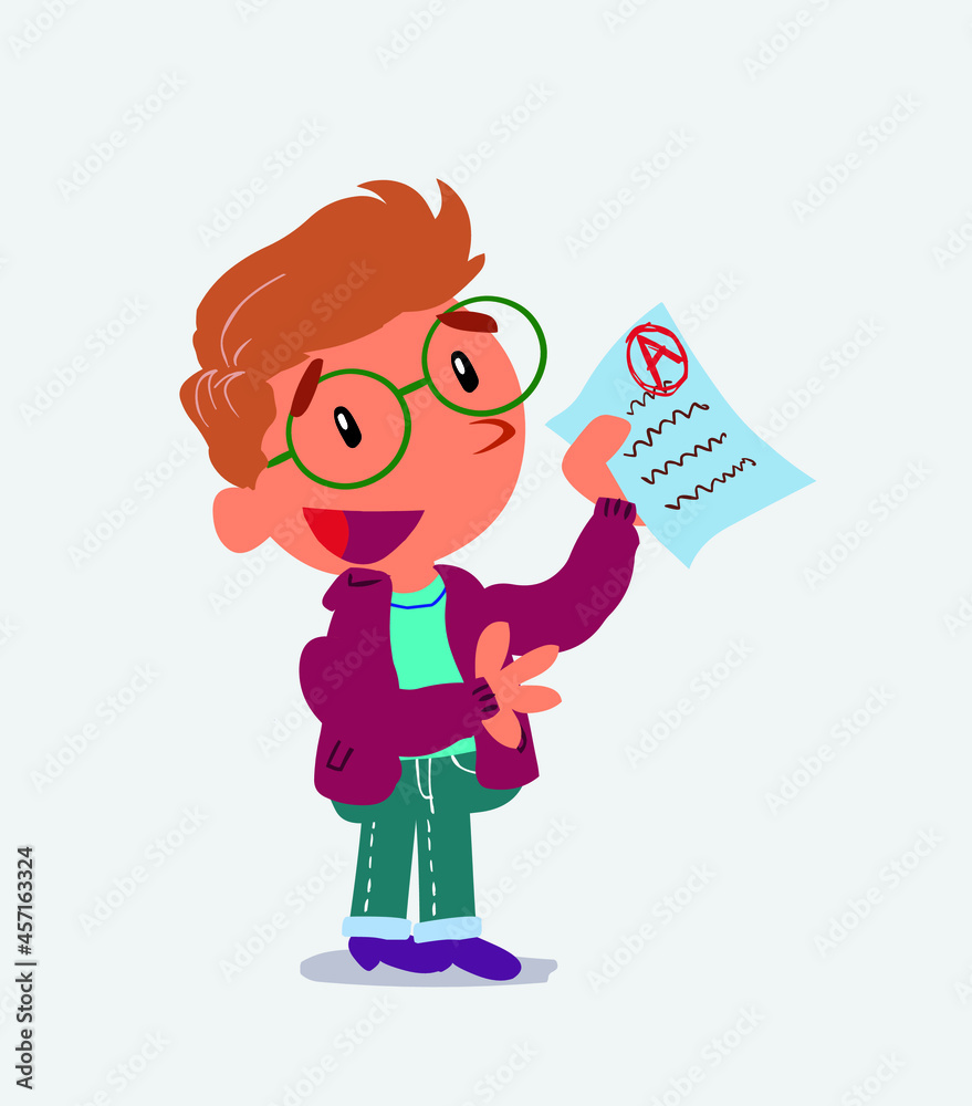 happy cartoon character of little boy on jeans explaining something with exam in hand.