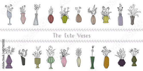 Collection of multicolored doodle vase whith garden flowers and branches on white background. Set of hand drawn stylized flowers. Flat objects for wall poster, cards for kids room