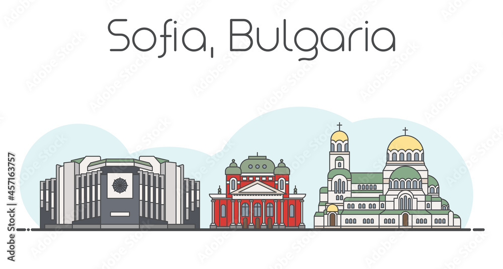 Flat vector line illustration of Sofia, Bulgaria cityscape. Famous landmarks, city sights and design icons isolated on white and light blue background