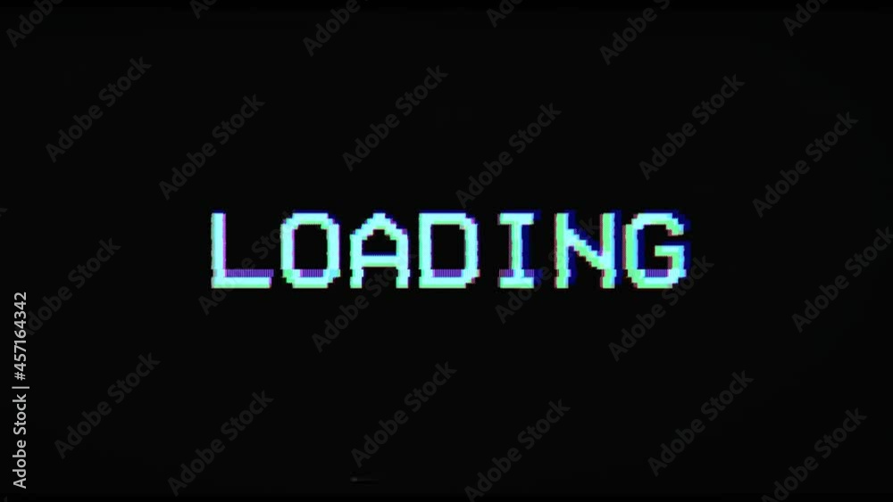Loading pixel art animation with retro glitch and tv interference over black background. Loop video game concept.