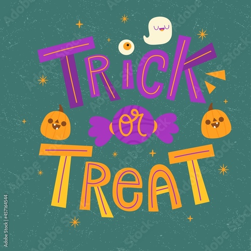 trick treat calligraphy pumpkin candy vector design illustration
