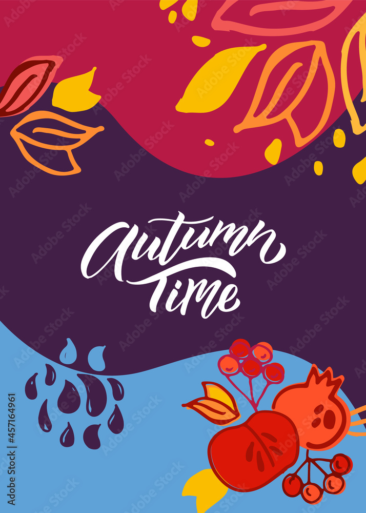 Autumn time lettering typography vector illustration. Autumn icon, badge, poster, banner with signature. Apple, leaves, pomergranate. Autumn template for postcard, invitation, card