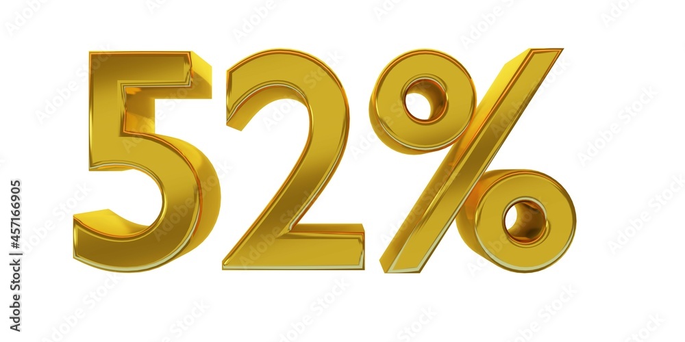 3D illustration, fifty-two percent - 52%, golden elements with white background, detailed lights, rendered in 5000x2500 pixels.
3D illustration, fifty-two percent - 52%, golden elements with white background, detailed lights, rendered in 5000x2500 pixels.