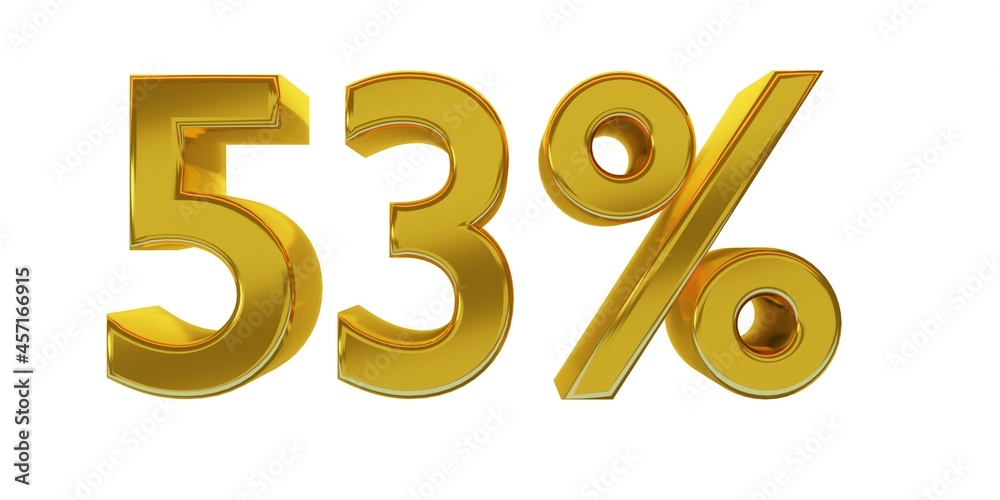 3D illustration, fifty-three percent - 53%, golden elements with white background, detailed lights, rendered in 5000x2500 pixels.
3D illustration, fifty-three percent - 53%, golden elements with white background, detailed lights, rendered in 5000x2500 pixels.