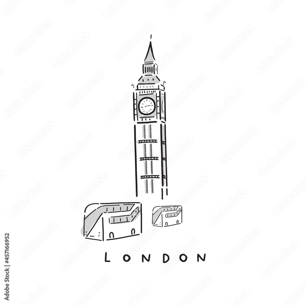 big ben clock and bus in vector drawing. Graphic of London city in simple icon. Illustration for traveling guide and map. 