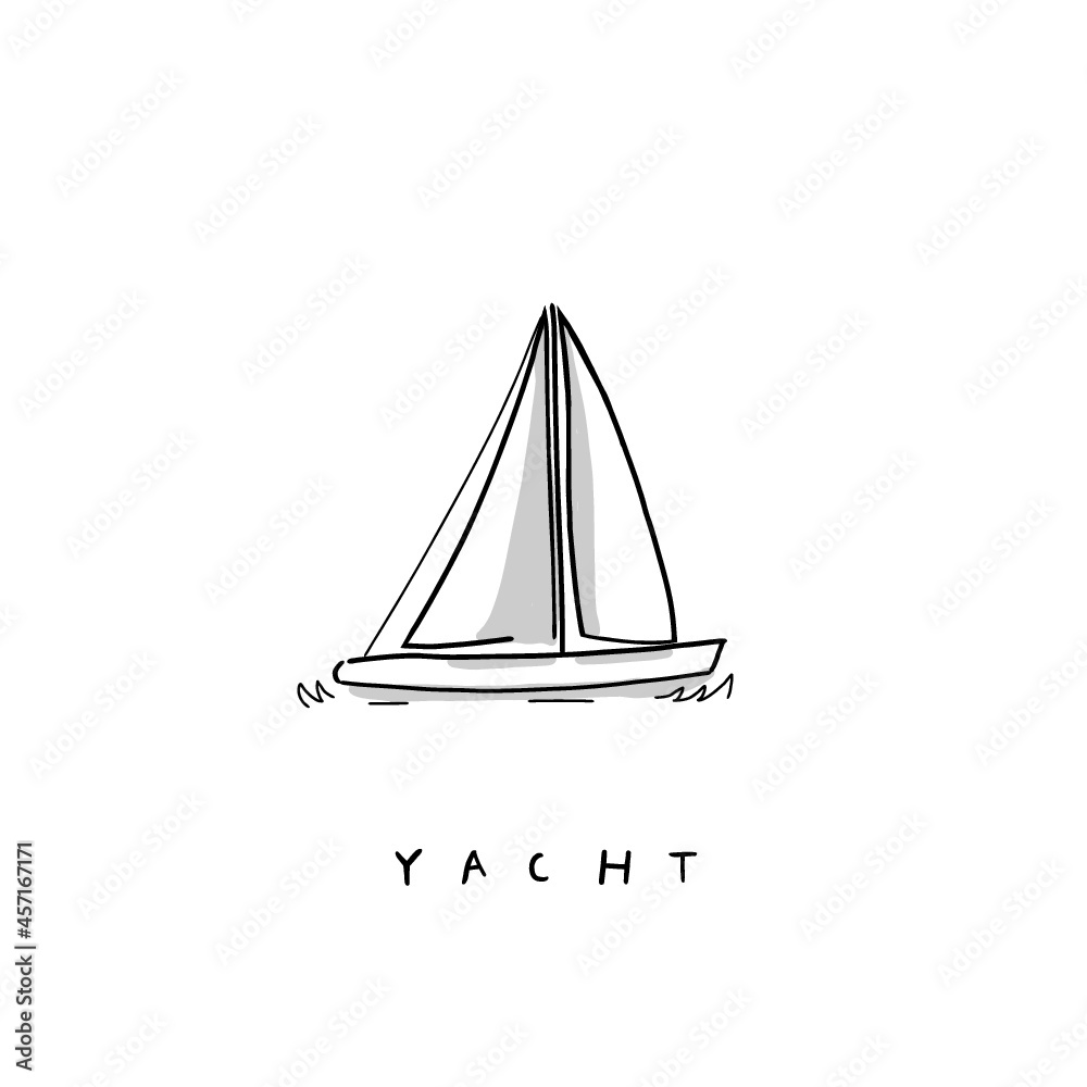vector illustration of yacht on the sea in hand-drawn icon. Graphic element for holiday vacation, travel, family fall camping by the lake event. Hand lettering - Yacht - vector illustration of yacht on the sea in hand-drawn icon. Graphic element for holiday vacation, travel, family fall camping by the lake event. Hand lettering - Yacht -