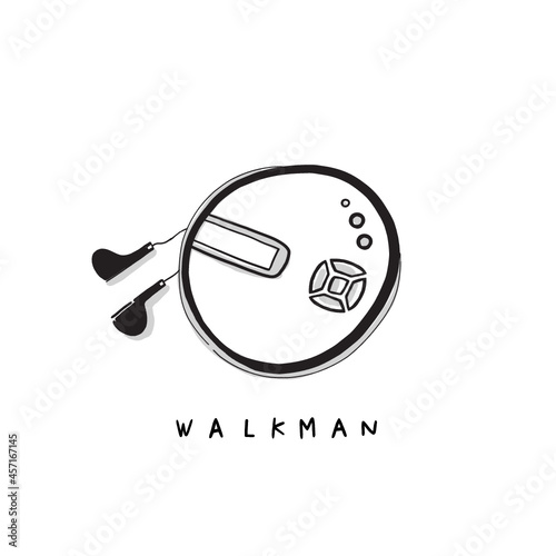 diskman walkman music player vector illustration. Hand-drawn icon design. Throw back, classic, old-school portable music player. 