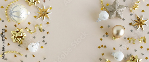 Christmas background banner . Xmas or New Year decorations in white gold colo...
