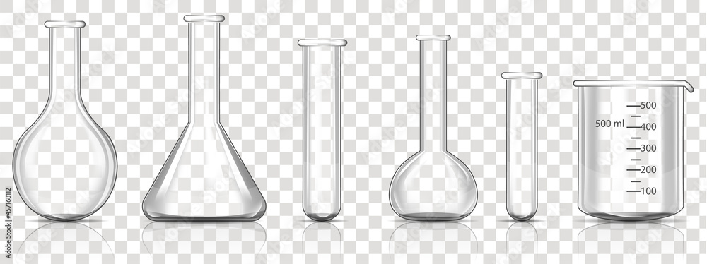 Set of Transparent Laboratory Glassware Equipment, realistic vector illustration - obrazy, fototapety, plakaty 