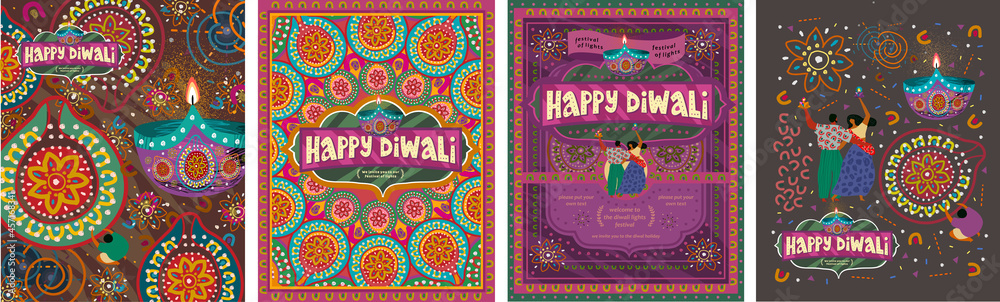 happy diwali. Indian holiday and festival of lights. Vector illustration of pattern, background, objects, ornament, dancing people for poster, postcard or flyer