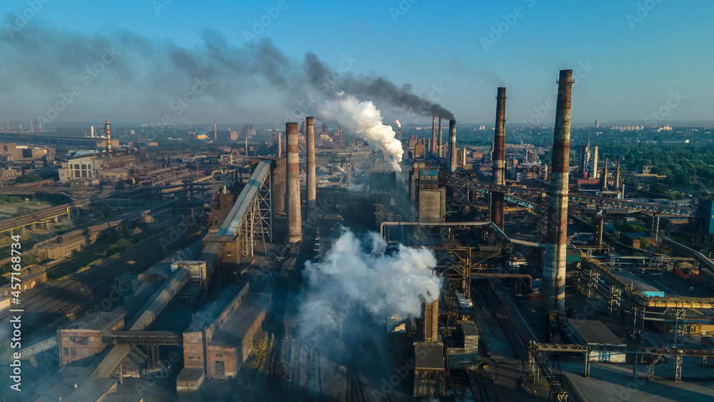 metallurgical plant heavy industry poor ecology top view smoke from chimneys smog