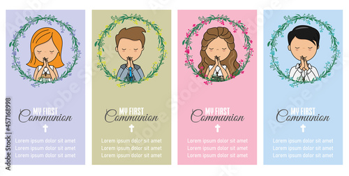Set of four first communion invitation cards. Girls and boys praying. Space for text