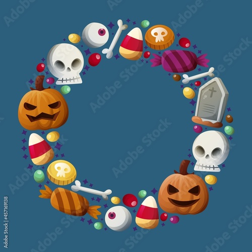 halloween frame hand drawn template with skulls with pumpkin vector design illustration