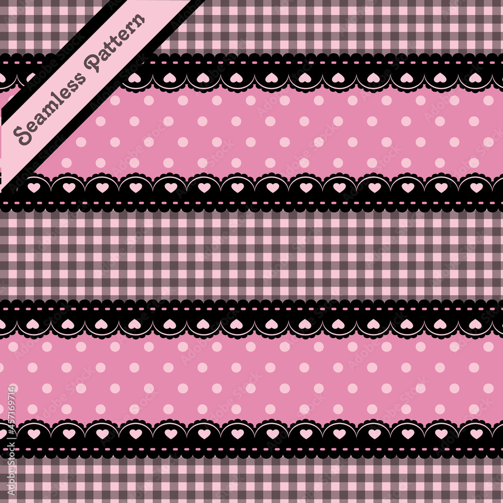 pink and black seamless pattern with hearts and lace - obrazy, fototapety, plakaty 
