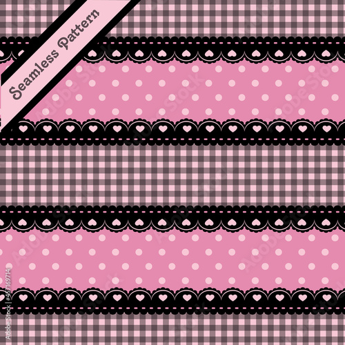 pink and black seamless pattern with hearts and lace