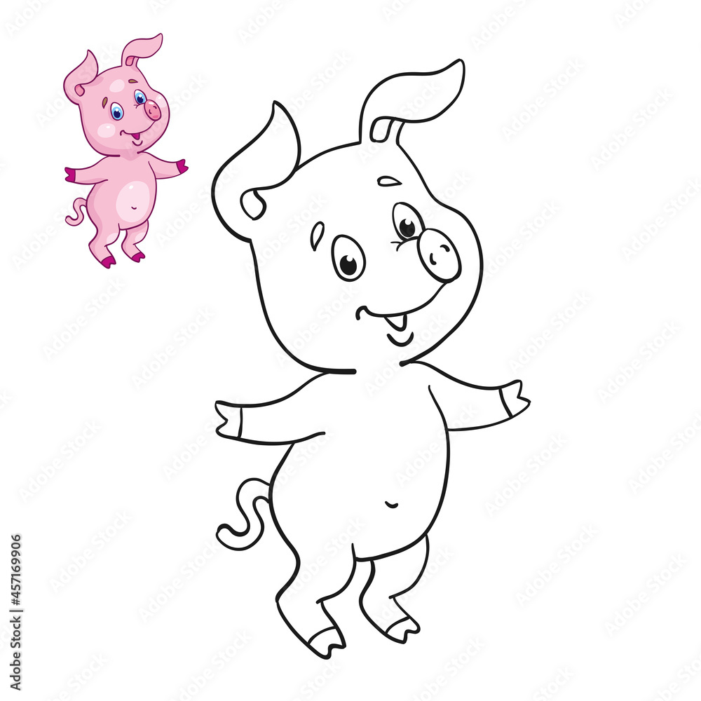Little cute piglet. Black and white picture for coloring book with a colorful example. In cartoon style. Isolated on white background. Vector illustration.