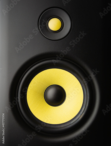 Listen to the music with high fidelity speaker box. Professional speakers for musician in sound recording studio. Record new musical tracks and songs with hi fi studio monitors 