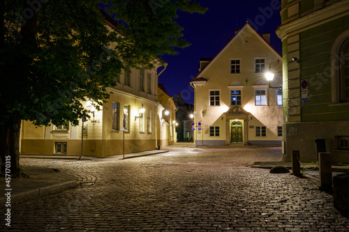 Cobbled streets of Tallinn Estonia at dusk after raining.