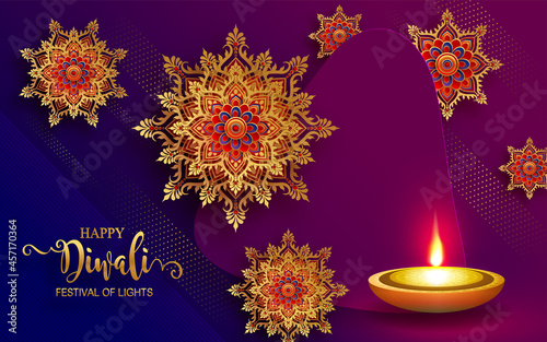 Diwali, Deepavali or Dipavali the festival of lights india with gold diya patterned and crystals on paper color Background.
