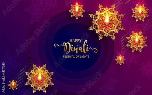 Diwali, Deepavali or Dipavali the festival of lights india with gold diya patterned and crystals on paper color Background.
