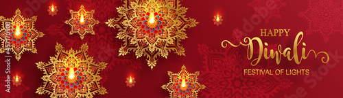 Diwali, Deepavali or Dipavali the festival of lights india with gold diya patterned and crystals on paper color Background.
