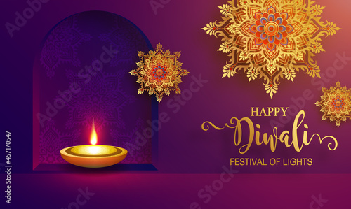 Diwali, Deepavali or Dipavali the festival of lights india with gold diya patterned and crystals on paper color Background.

