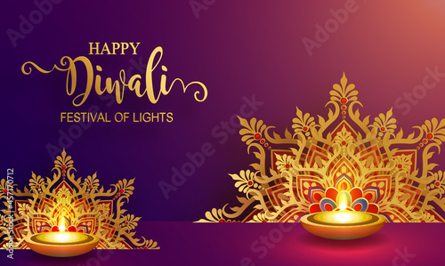 Diwali, Deepavali or Dipavali the festival of lights india with gold diya patterned and crystals on paper color Background.
