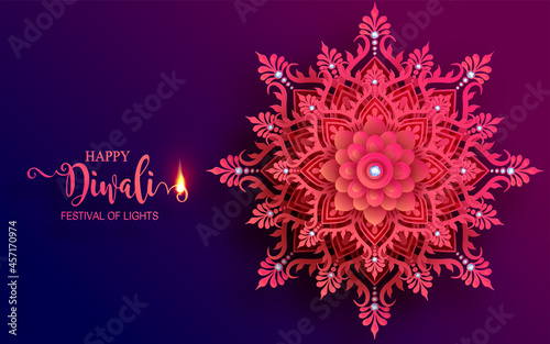 Diwali, Deepavali or Dipavali the festival of lights india with gold diya patterned and crystals on paper color Background.
