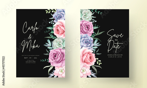 Beautiful watercolor floral wedding invitation card with roses and succulents