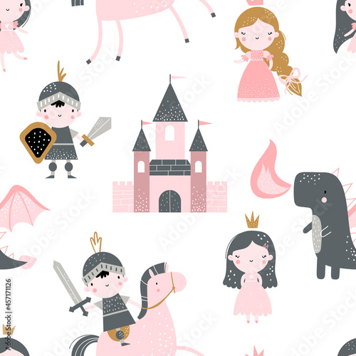 Vector hand-drawn colored childrens seamless repeating pattern with cute princess, dragon, castle, knight on a white background. Creative kids texture for fabric, wrapping, textile, wallpaper.