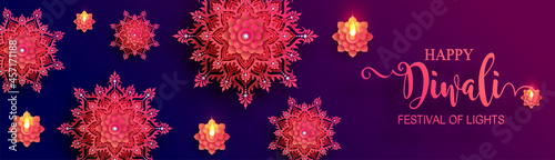 Diwali, Deepavali or Dipavali the festival of lights india with gold diya patterned and crystals on paper color Background.
